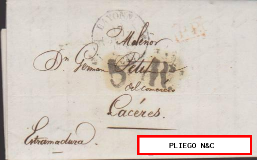Carta de Bayona a Cáceres del 11 Jul. 1838. Fechador de Bayonne, P.P. rojo y porteo