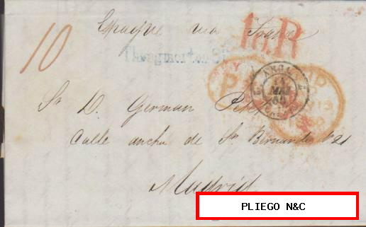 Carta de Londres a Madrid del 13 May. 1850. Fechador de Londres, fechador francés