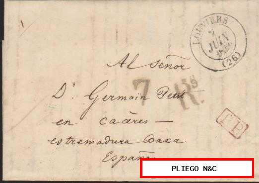 Carta de Louviers a Cáceres del 7 Jun. 1840. Fechador de Louviers, P.P. rojo