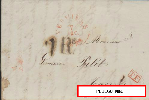 Carta de Verviers a Cáceres del 7 Dic. 1838. Fechador de Verviers, PF rojo