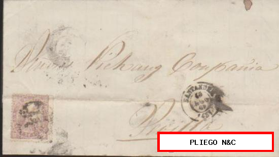 Carta de Santander a Sevilla del 18 Agos. 1868. Franqueado con Edifil 98