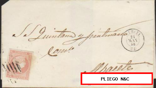 Carta de Murcia a Albacete del 24 mayo 1858. Franqueado con Edifil 48 matasellado
