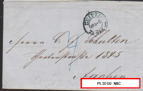 Carta de Leipzig a Aachen del 22 Dic. 1855. Fechador de Leipzig y 4 escrito en verde