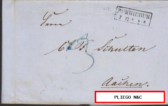 Carta de Schwiebus a Aachen del 7 Dic. 1854. Fechador de Schwiebus y 3 verde