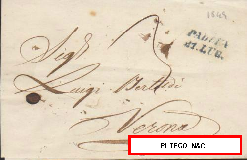 Carta de Padova a Verona del 21 Jul. 1849. Fechador de Padova azul