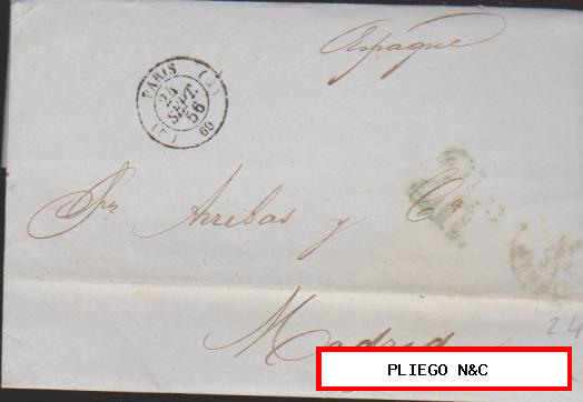 Carta de París a Madrid del 24. Sep. 1856 Fechador de Paris. porteo 2R. Verde? y al dorso