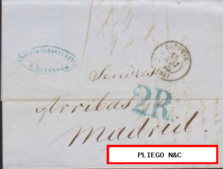 Carta de Bayona a Madrid del 18 May. 1856 Fechador de Bayona y marca de porteo