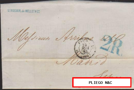 Carta de París a Madrid del 24. May. 1856 Fechador de Paris. porteo 2R. Azul y al dorso