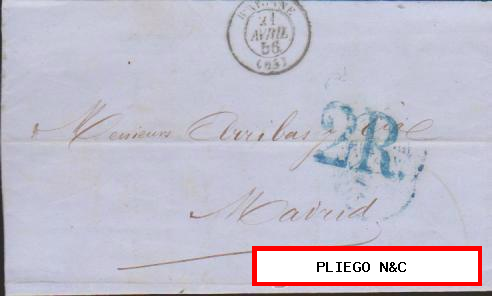 Carta de Bayona a Madrid del 24 Abr. 1856 Fechador de Bayona y marca de porteo