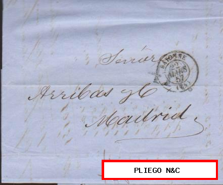 Carta de Bayona a Madrid del 22 Mar. 1857. Fechador de Bayona y marca de porteo