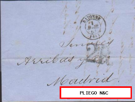 Carta de Bayona a Madrid del 1 Abr. 1857 Fechador de Bayona y marca de porteo