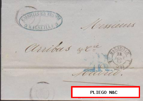 Carta de Marsella a Madrid del 24 Ene. 1858. Fechador de Marsella. porteo 2R. Azul
