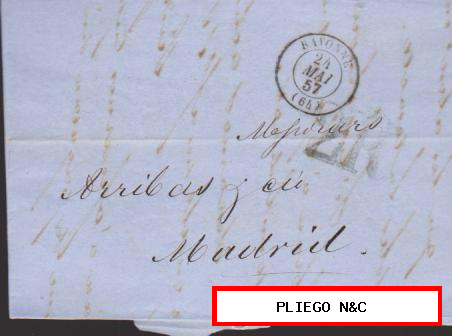 Carta de Bayona a Madrid del 24 May. 1857. Fechador de Bayona y marca de porteo