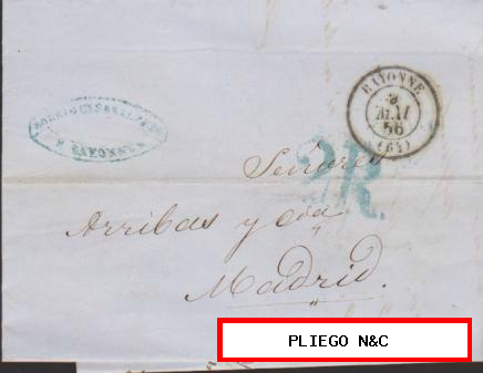 Carta de Bayona a Madrid del 8 May. 1856 Fechador de Bayona y marca de porteo