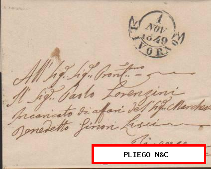 Carta de Livorno a Firenze del 1 Nov. 1849. Con fechador de Livorno y al dorso fecha