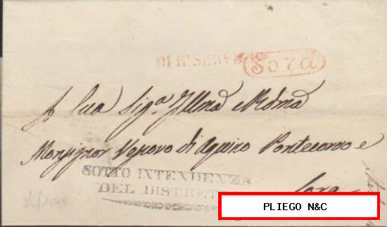 Carta de Sora a Sora del 3 Jun. 1846. Marca de Sora + DI RISERVIZIO + SOTTO