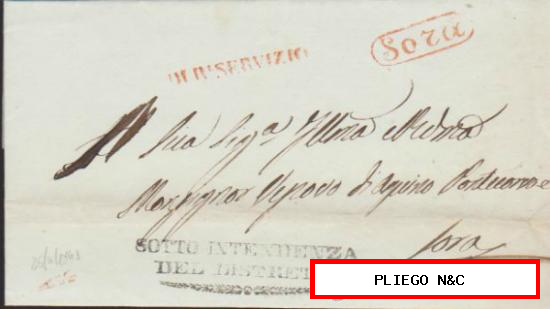 Carta de Sora a Sora del 26 Abr. 1843. Marca de Sora + DI RISERVIZIO + SOTTO IN