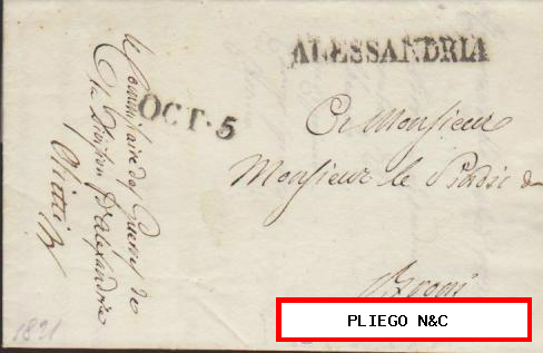 Carta de Alessandria a Broni del 5 Oct. 1821. Con marca y fechador de Alessandria
