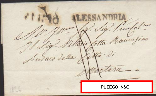 Carta de Alessandria a Mortara del 10 Abr. 1826. Marca y fechador de Alessandria