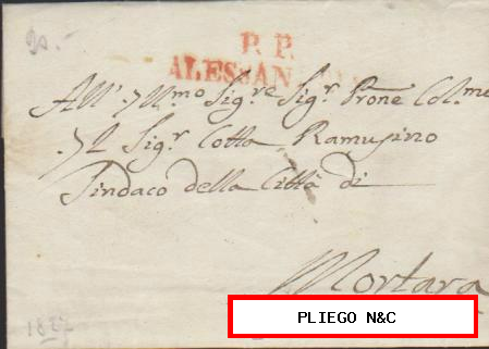 Carta de Alessandria a Mortara del 27 Oct. 1827. Marca de Alessandria en rojo y P.P.