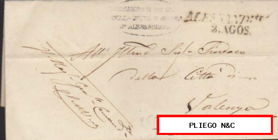 Carta de Alessandria a Valenza del 2 AGo. 1841. Marca y fechador de Alessandria