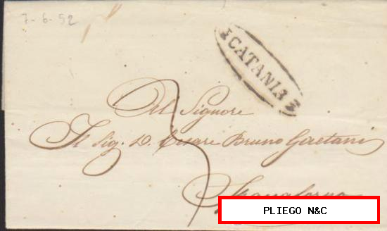 Carta de Napoli a Francaforno? del 7 Jun. 1852. Con marca de Catania en negro