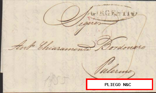 Carta de Girgenti a Palermo del 16 Jun. 1855. Con marca de Girgenti y al dorso fecha