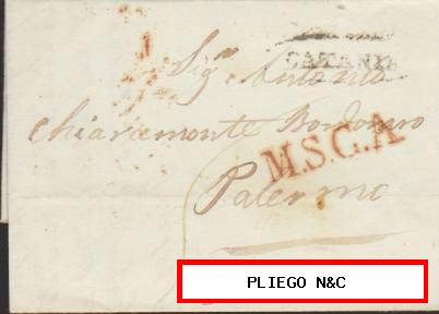 Carta de Catania a Palermo del 21 Mar. 1839. Marca de Catania y M.S.C.A. en rojo