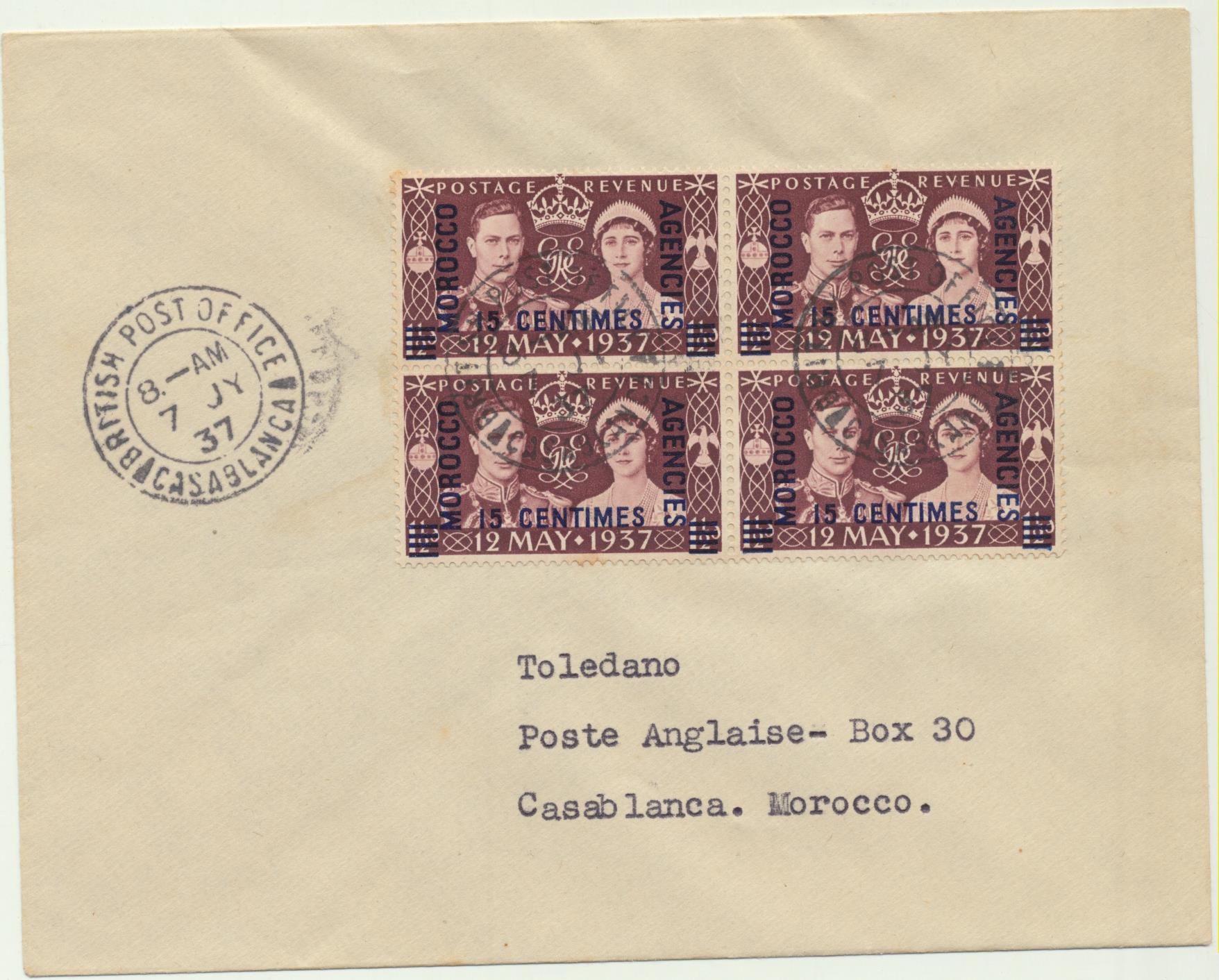 Carta a Casablanca del 7 Jy 1937. Franqueada con 4 sellos Morocco Agencies 15 Centimes y matasellos British Post Office-Casablanca