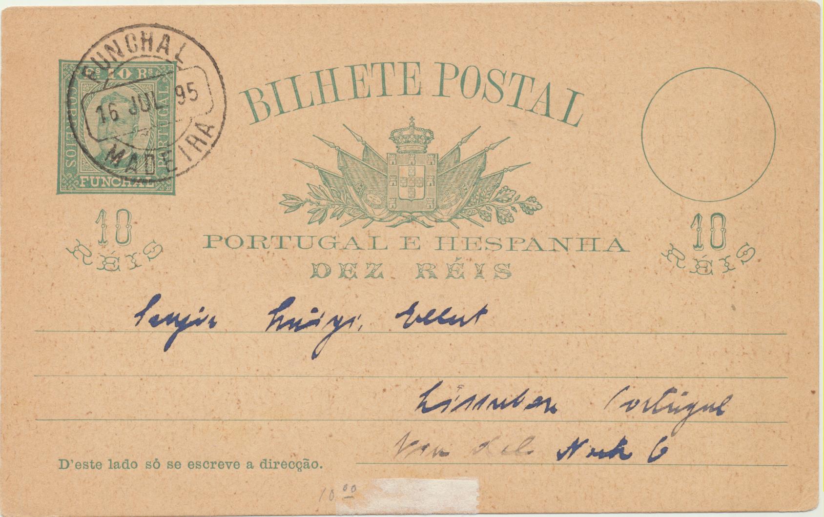 Bilhete Postal. Entero Postal. Portugal e Hespanha. Dez Reis. Matasellos Funchal 16-Jul-1995