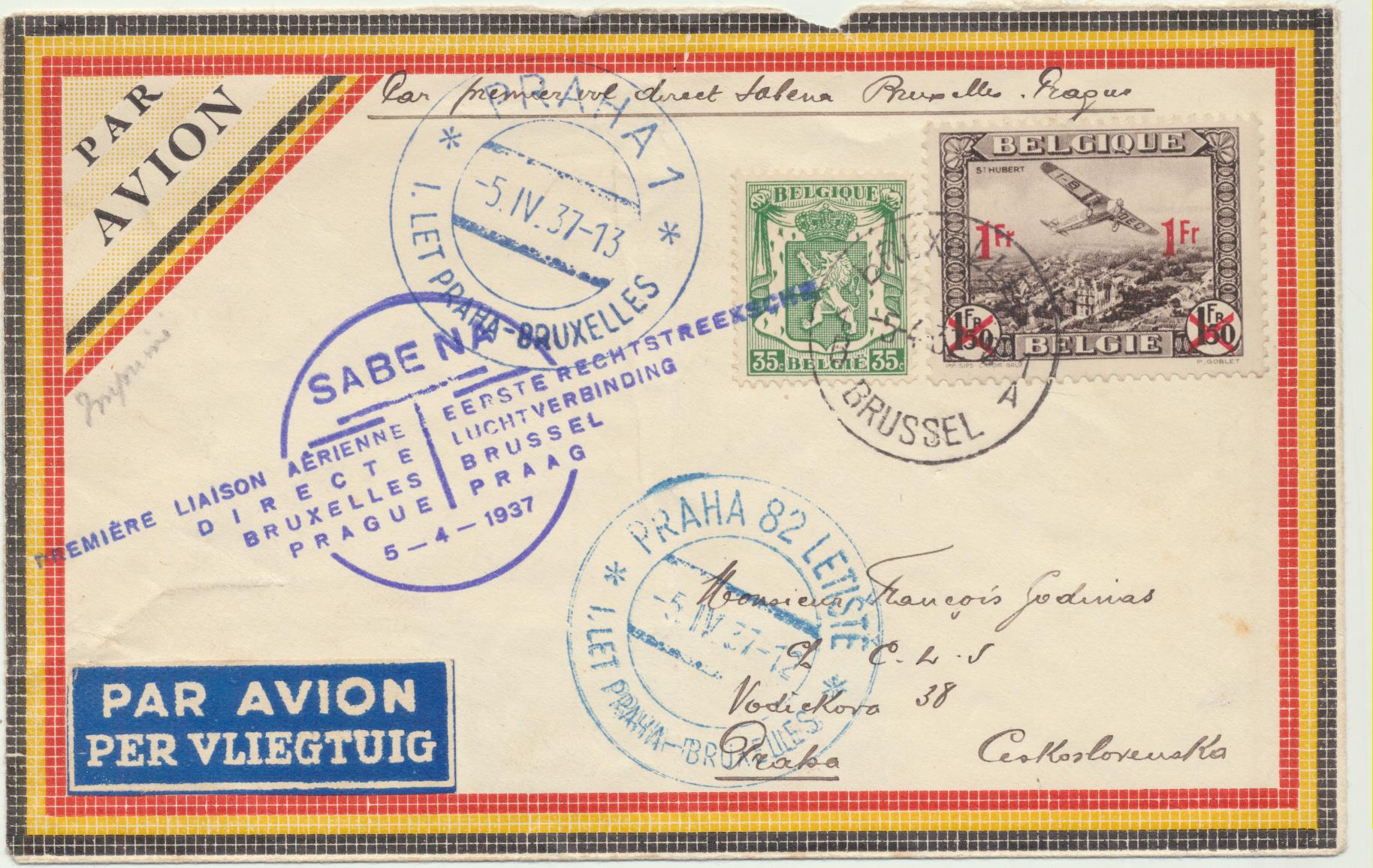 Por Avión. Carta de Bruselas a Praga. Del 5-4-1937. En sobre Primer Vuelo Bruselas-Praga