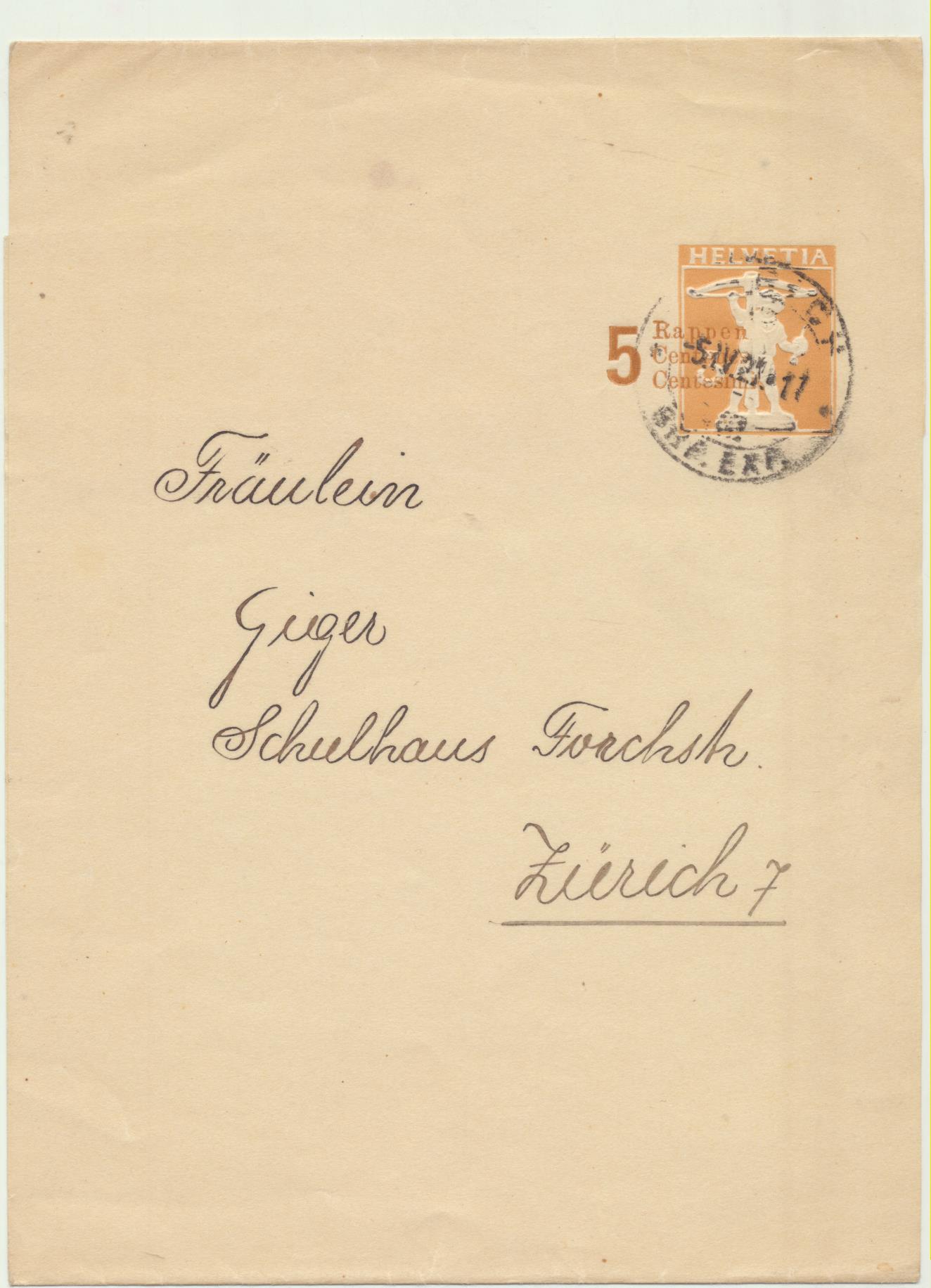 Suiza. Envoltura (5 Rappen) a Zúrich. Del 5-4-1927