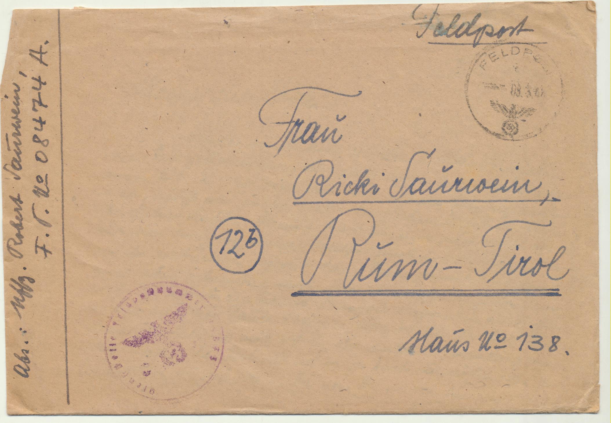 Carta de Feldpost (correo de campaña) a Rum. Del 8-3-1944