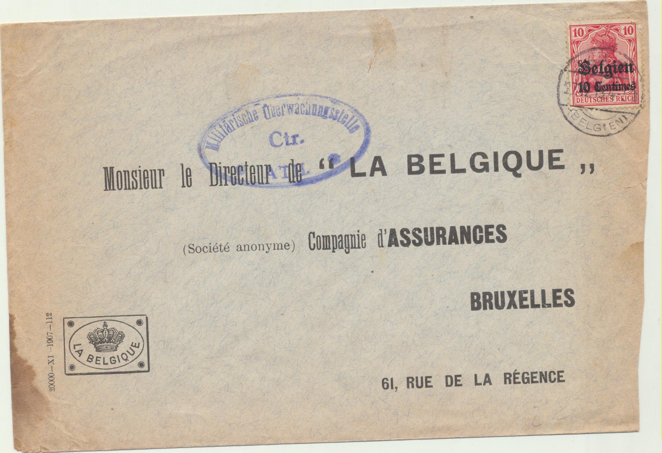Carta con Membrete. Bruselas. del 27-12-1915? Tampón Alemán (Censura Militar)