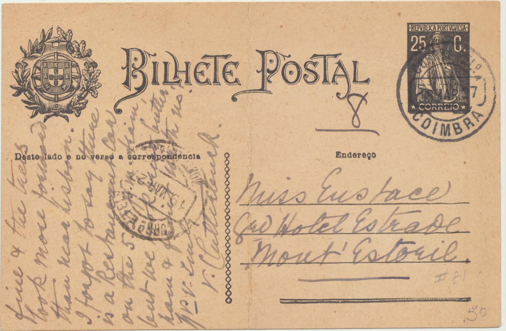 Entero Postal (Bilhete Postal) De Coimbra a Estoril. Del 19-3-1927