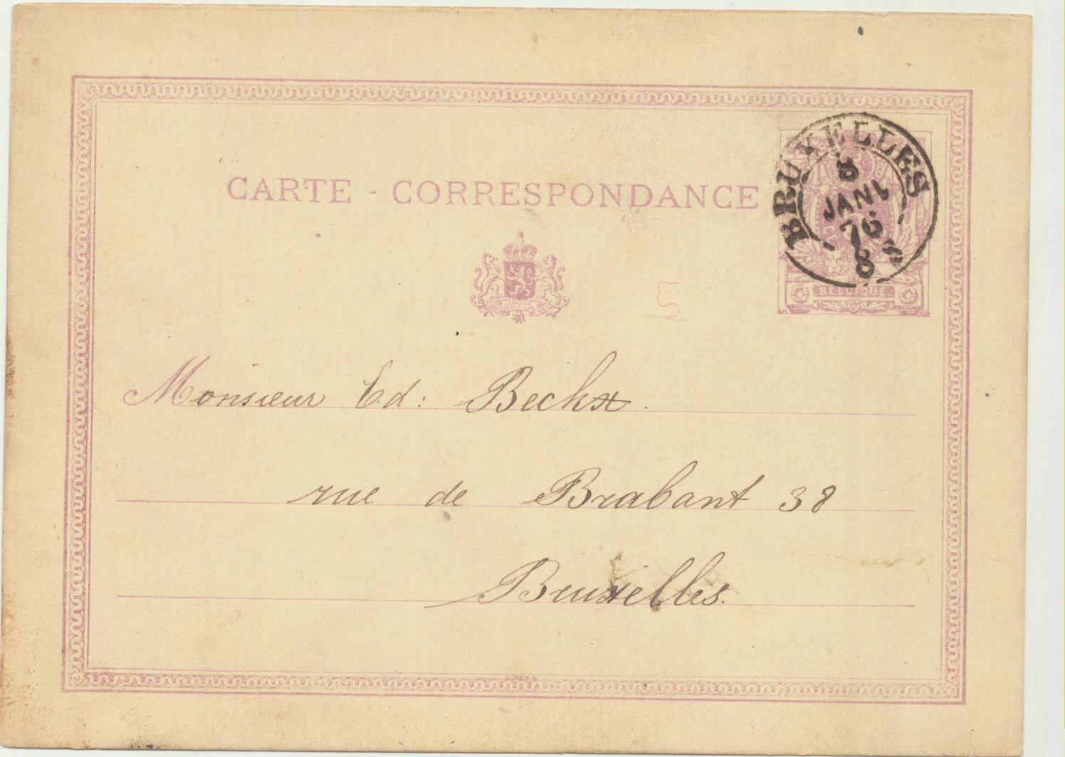 Bélgica. Entero Postal. Bruselas 8-Enero-1876