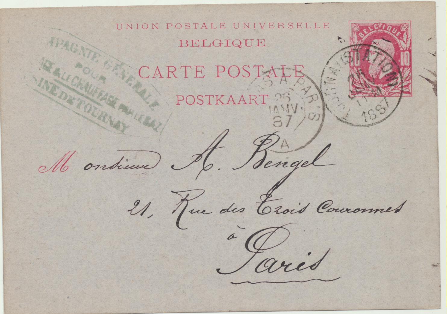 Bélgica. Entero Postal (10 c.) De Tournai a Paris del 26-Ene-1887. Con tampón membrete de Tournais