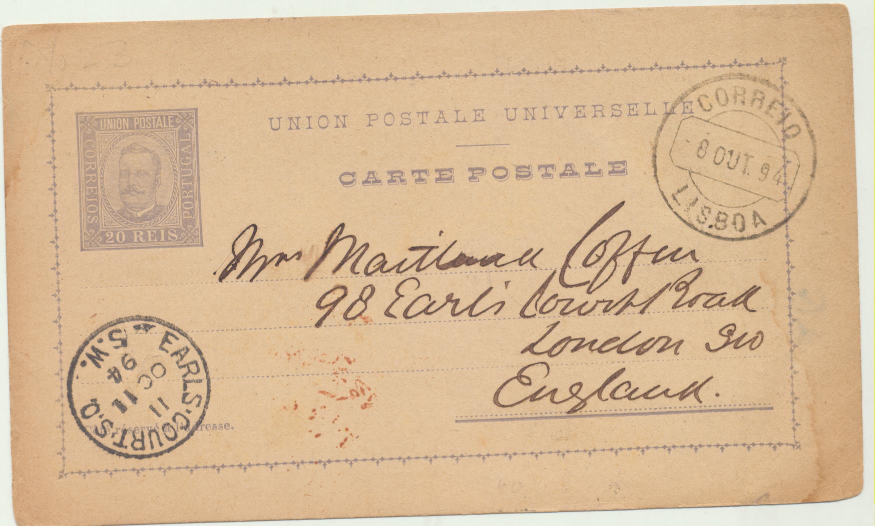 Portugal. Entero Postal (20 Reis) De Lisboa a Londres del 8-Agos-1894