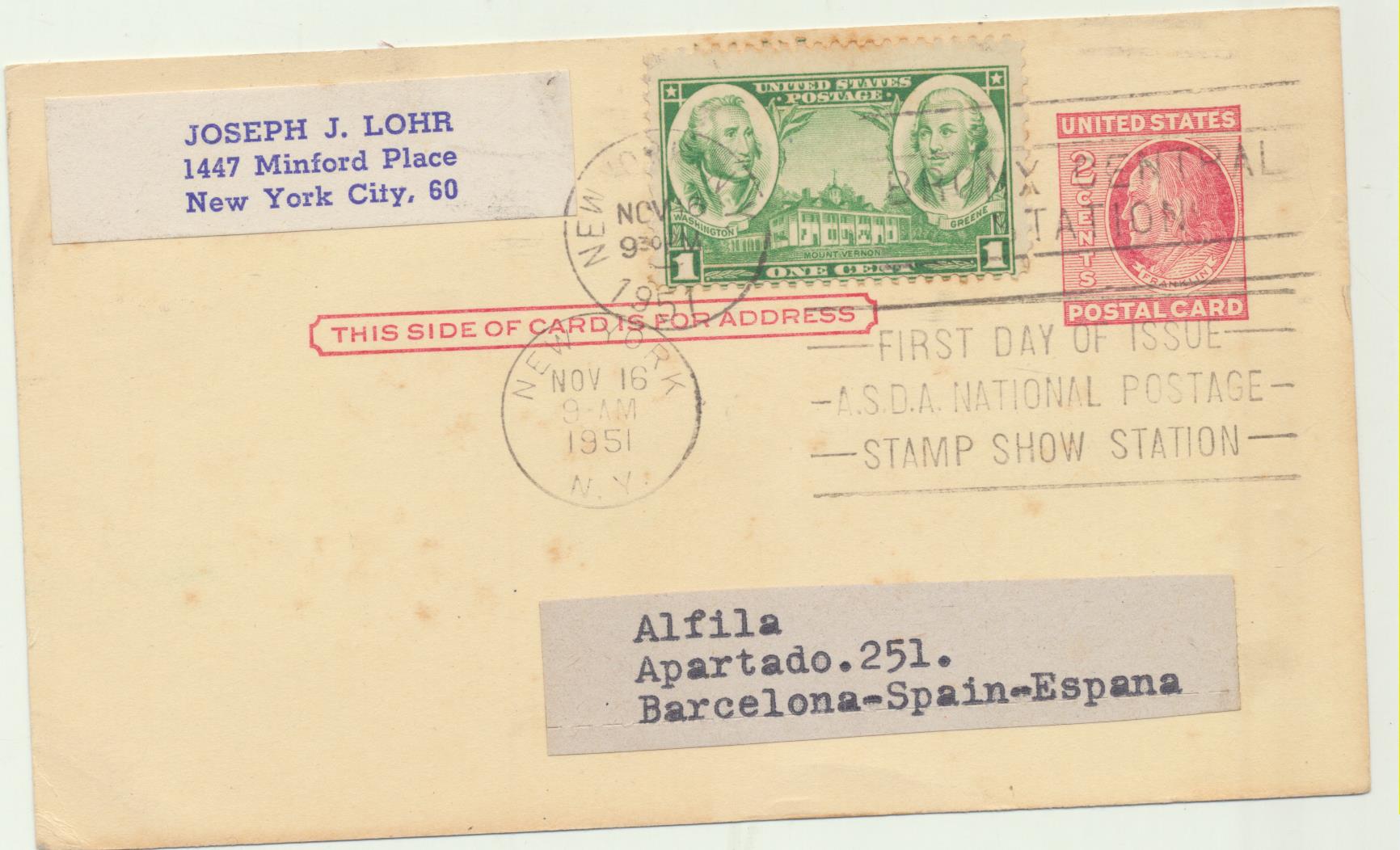 Estados unidos. Entero Postal (2 Cents) Primer Día. 19-Nove-1951. De Nueva York a Barcelona
