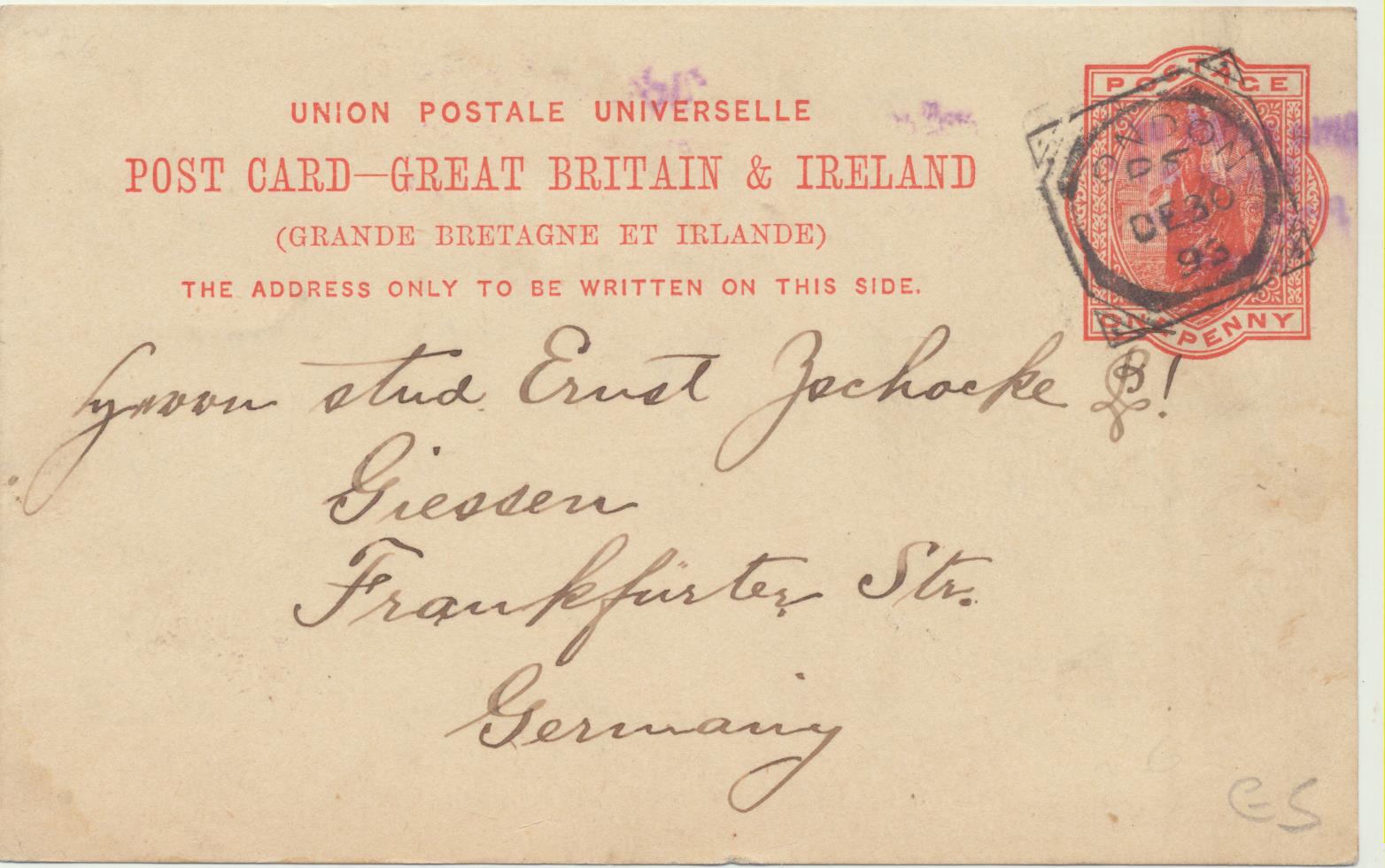 Gran Bretaña. Entero Postal (One Penny) De Londres a Griessen del 30-Dec-1893