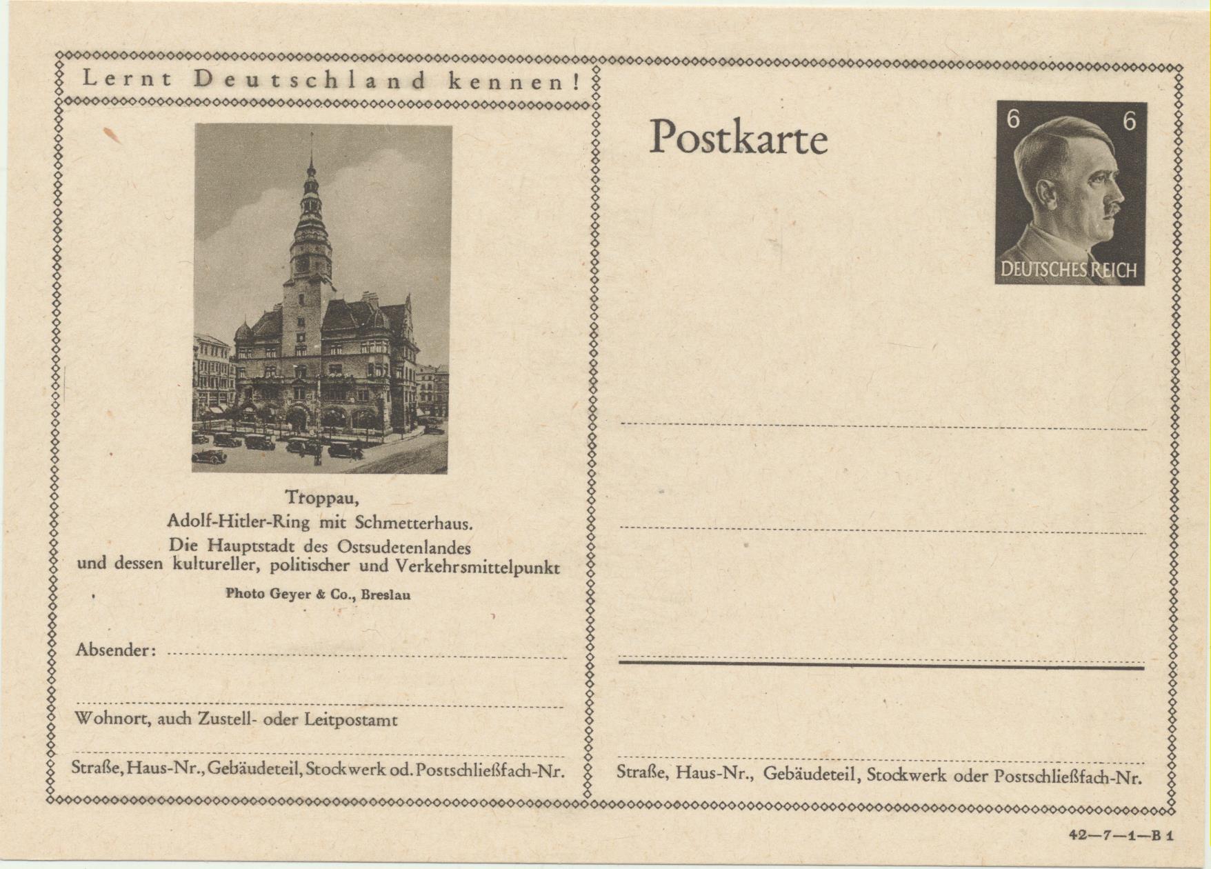 Alemania. Entero Postal. Hitler (1942) Troppau