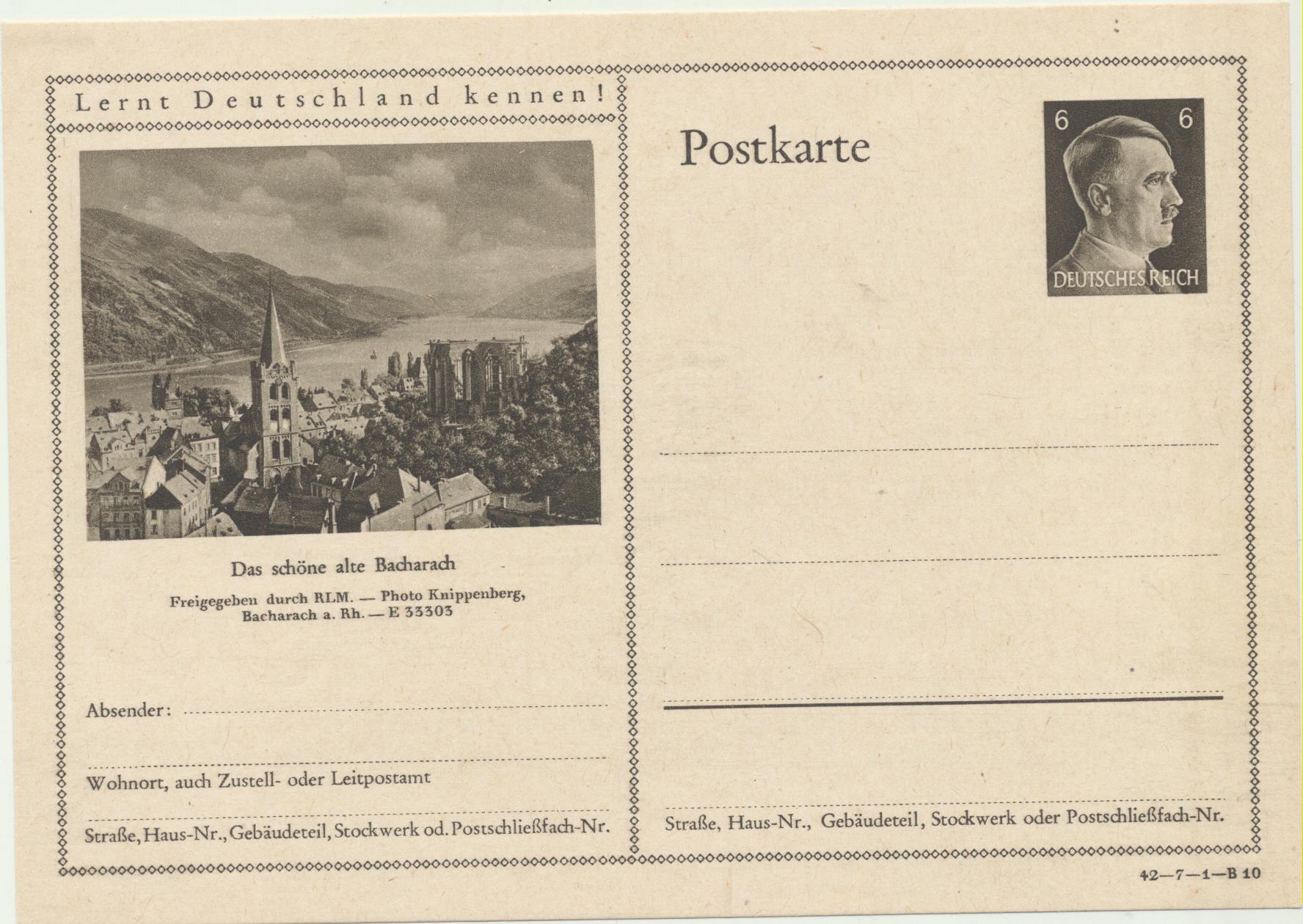 Alemania. Entero Postal. Hitler (1942) Bacharach