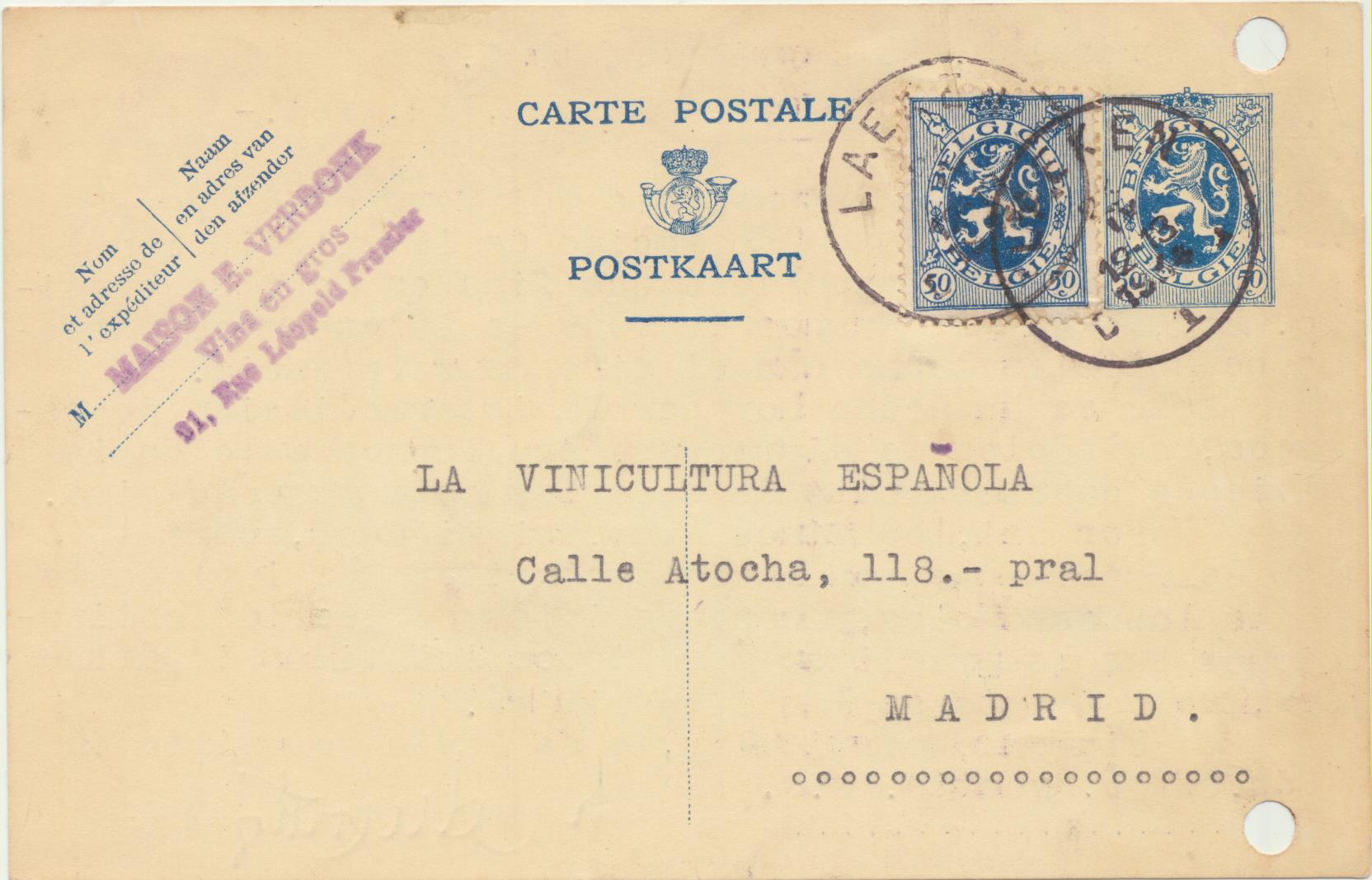 Bélgica. Entero Postal (50 c.) De Bruselas a La Vinicultura Española-Madrid, Del 22-9-1934
