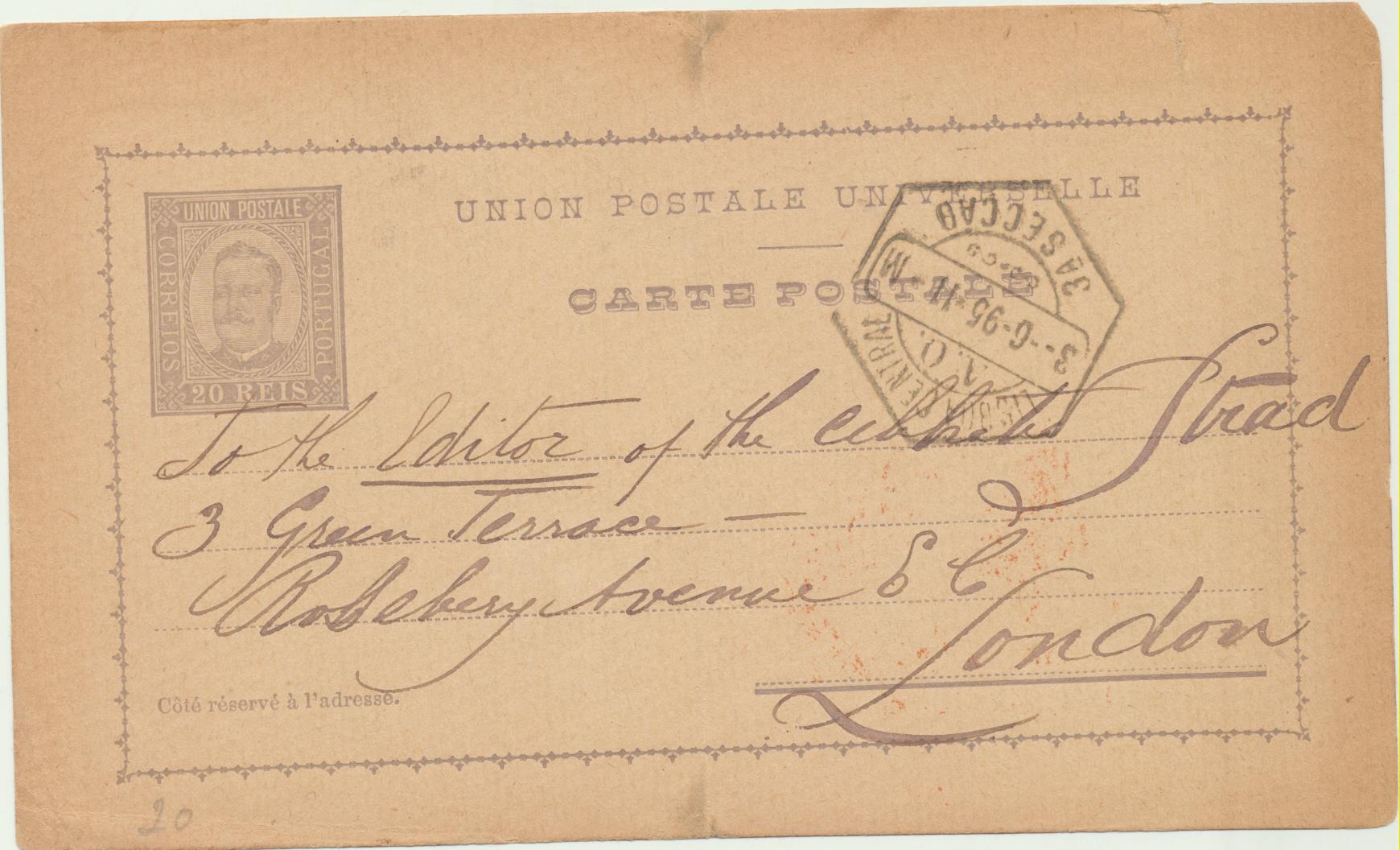 Portugal. Entero Postal (20 Reis) De Lisboa a Londres, del 3-6-1895