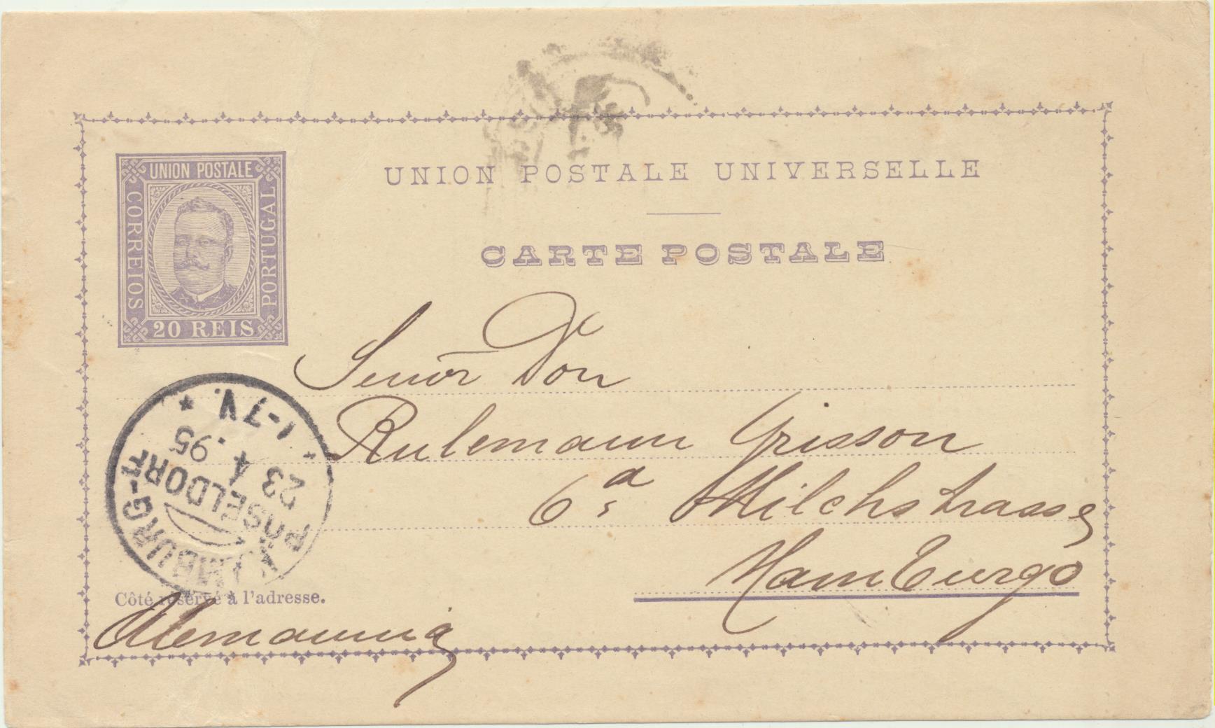 Portugal. Entero Postal (20 Reis) De Lisboa a Hamburgo, del 23-4-1895