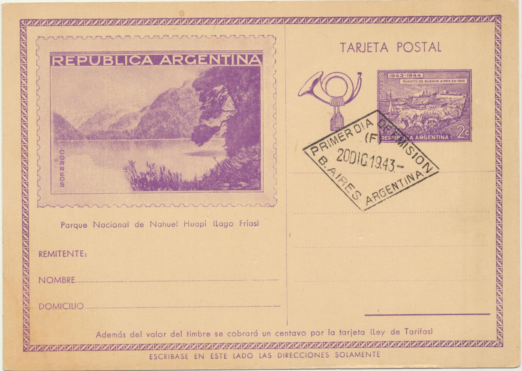 Argentina. Entero Postal (2 c.) P. nacional de Nahuel Huapí. Primer Día de emisión 20-Dic. 1943