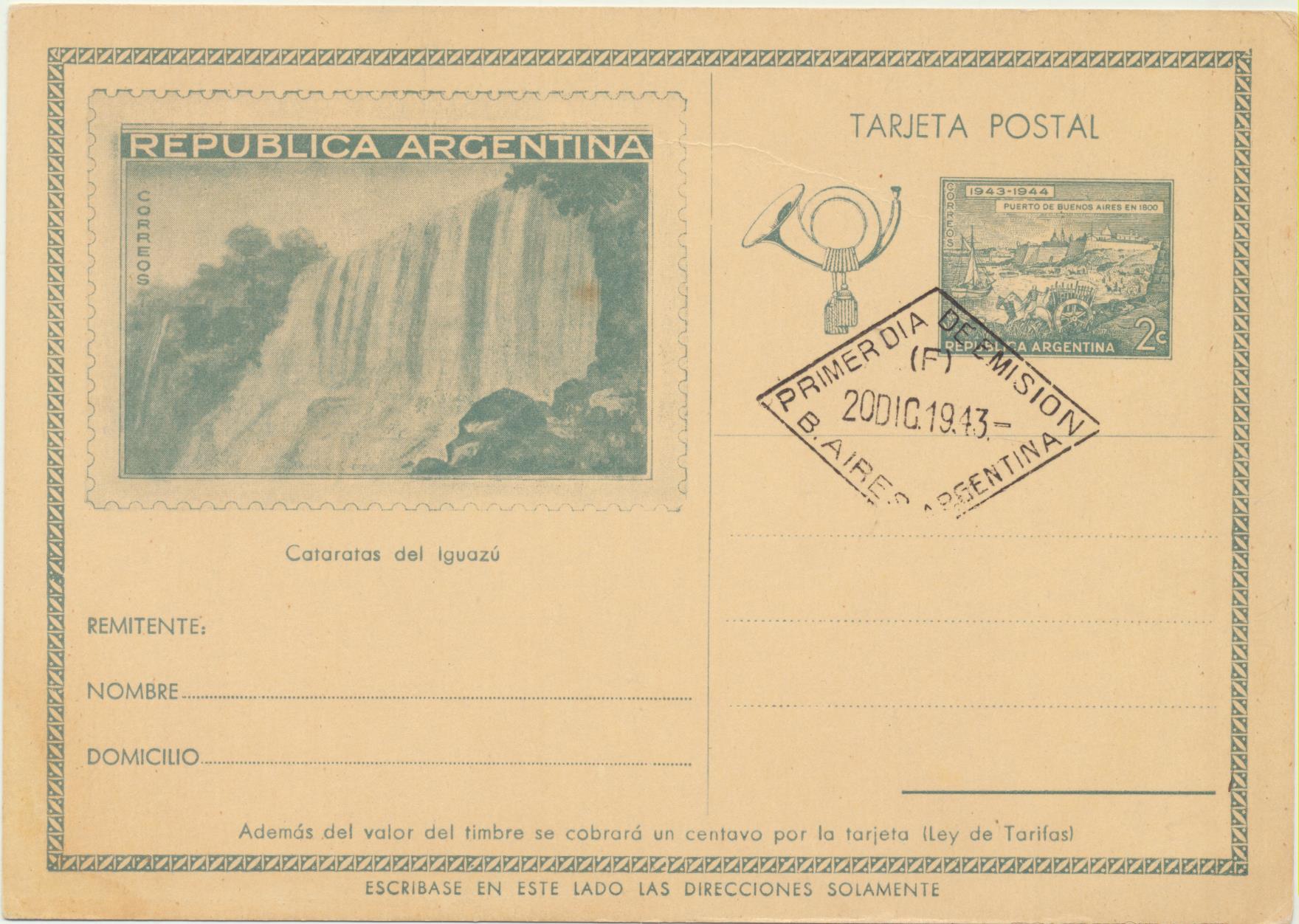 Argentina. Entero Postal. Cataratas del Iguazú. Primer Día de emisión 20-Dic. 1943