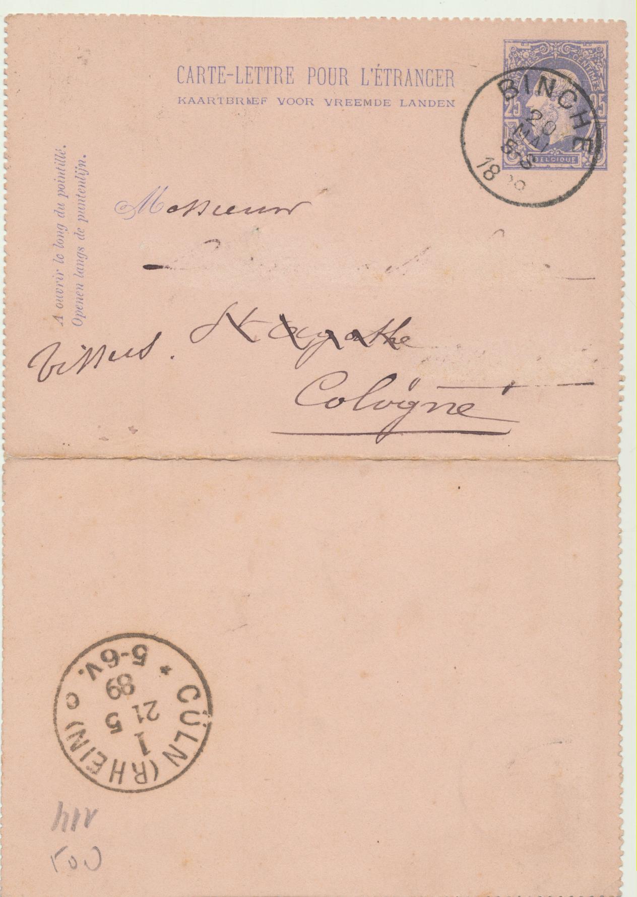 Bélgica. Entero Postal (25) De Binche a Colonia, Del 20-may-1889