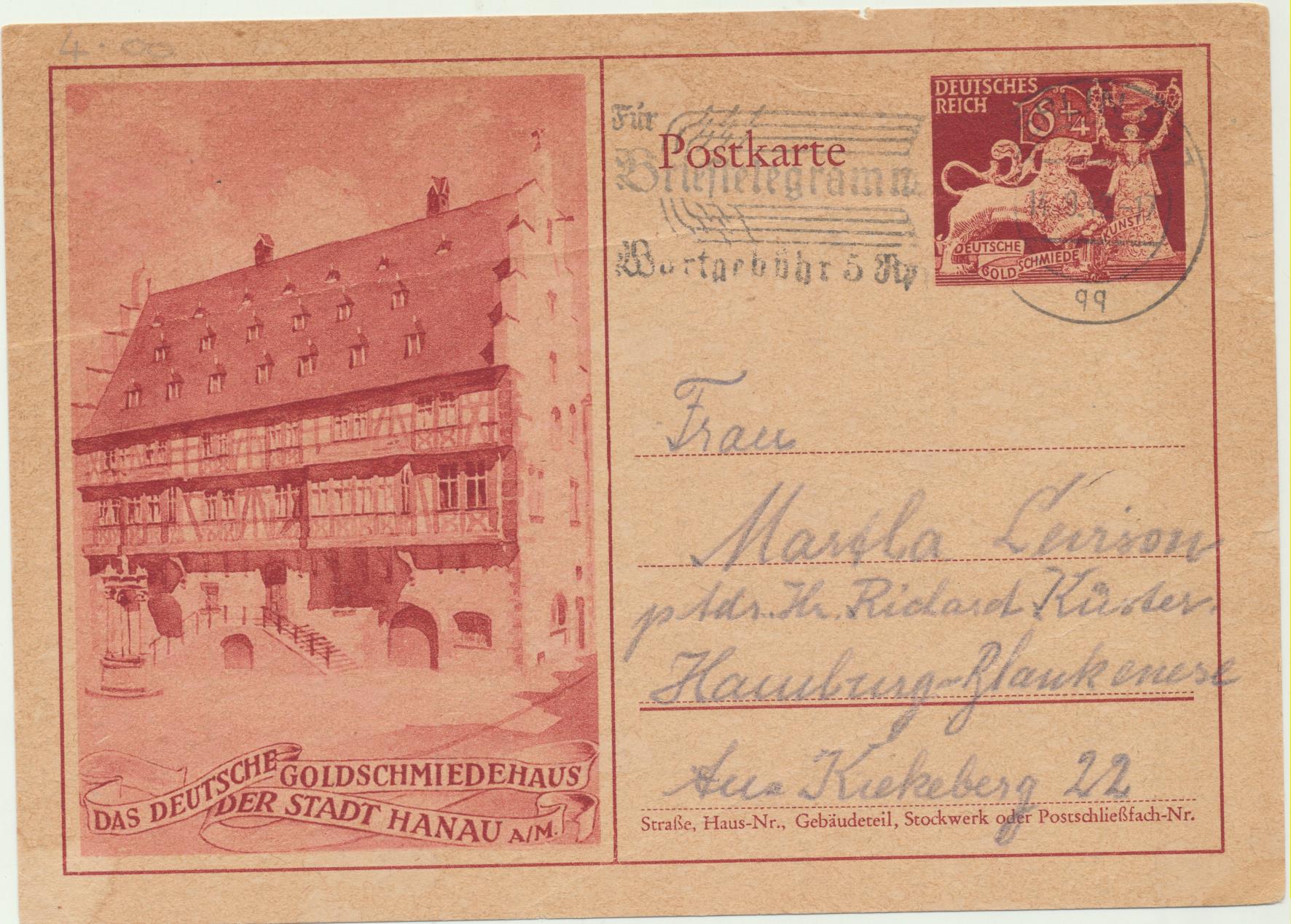 Alemania. Entero Postal. Hanau. a Hamburgo del 14-9-1942