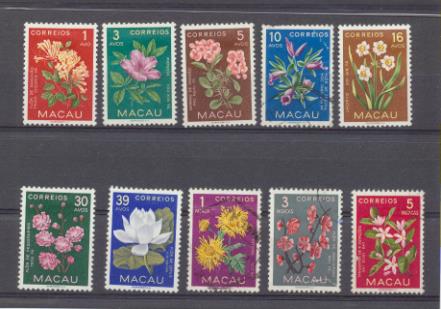 Macao Macau. 1953. Flores. Yvert 363-72. 4 nuevos con señal de fija sello y 4 matasellados
